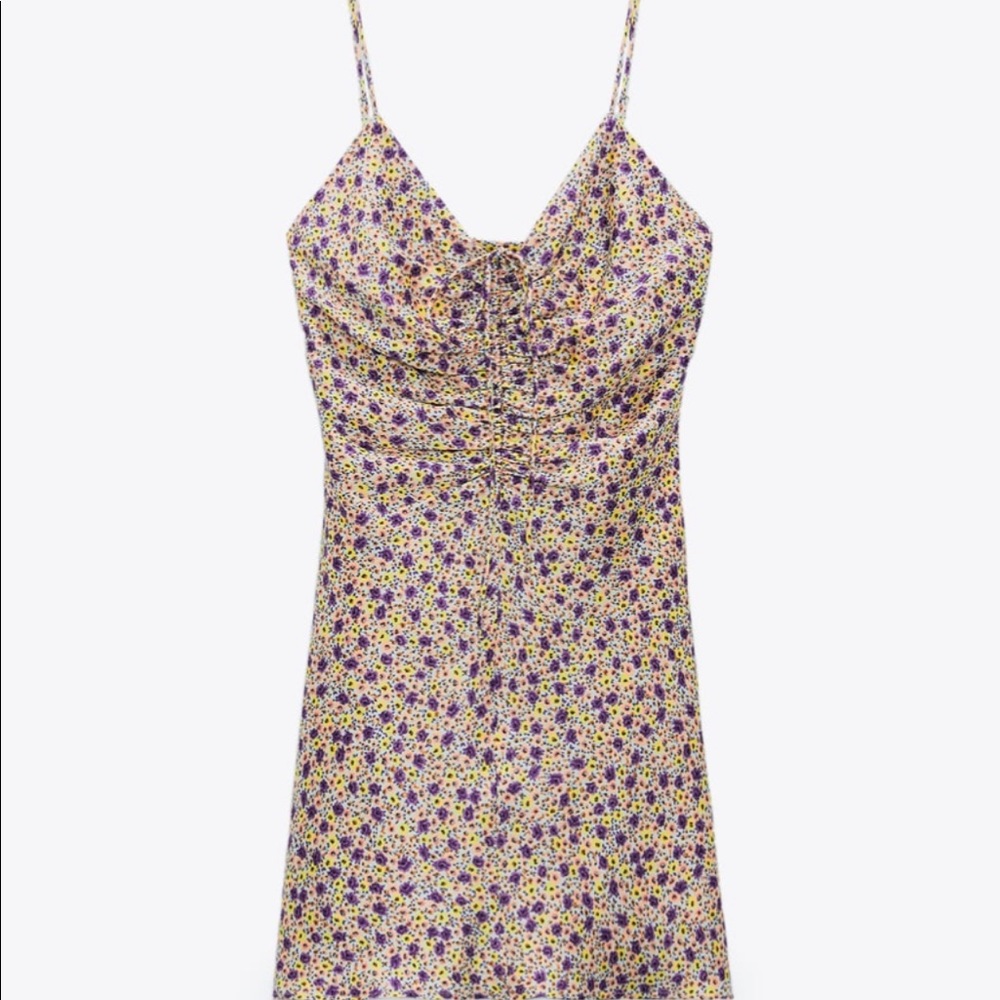 ZARA Satin Effects Dress V-Neck with Ruching And Bow Size L